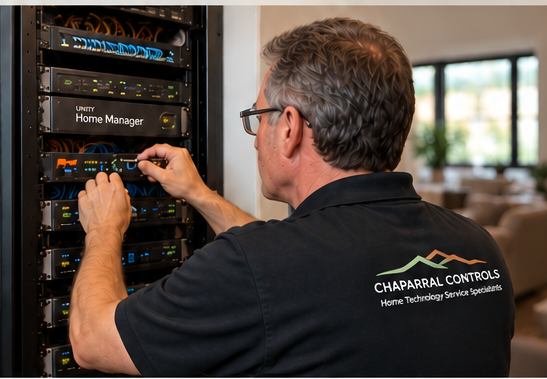 Technician servicing a residential home automation system